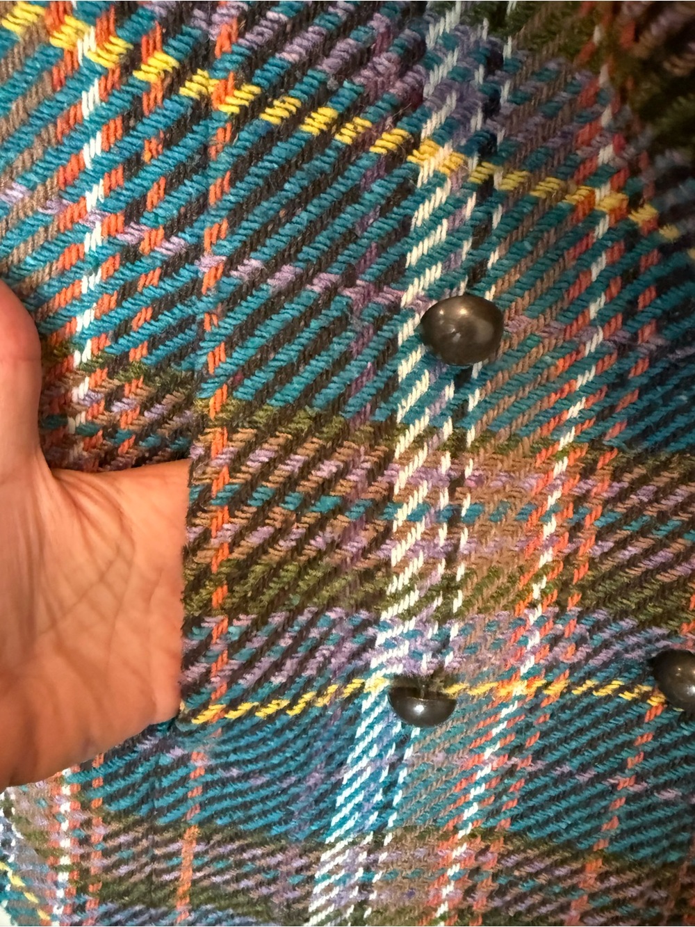 Vintage Teal Plaid Double-Breasted Wool Coat - Picture 4 of 10